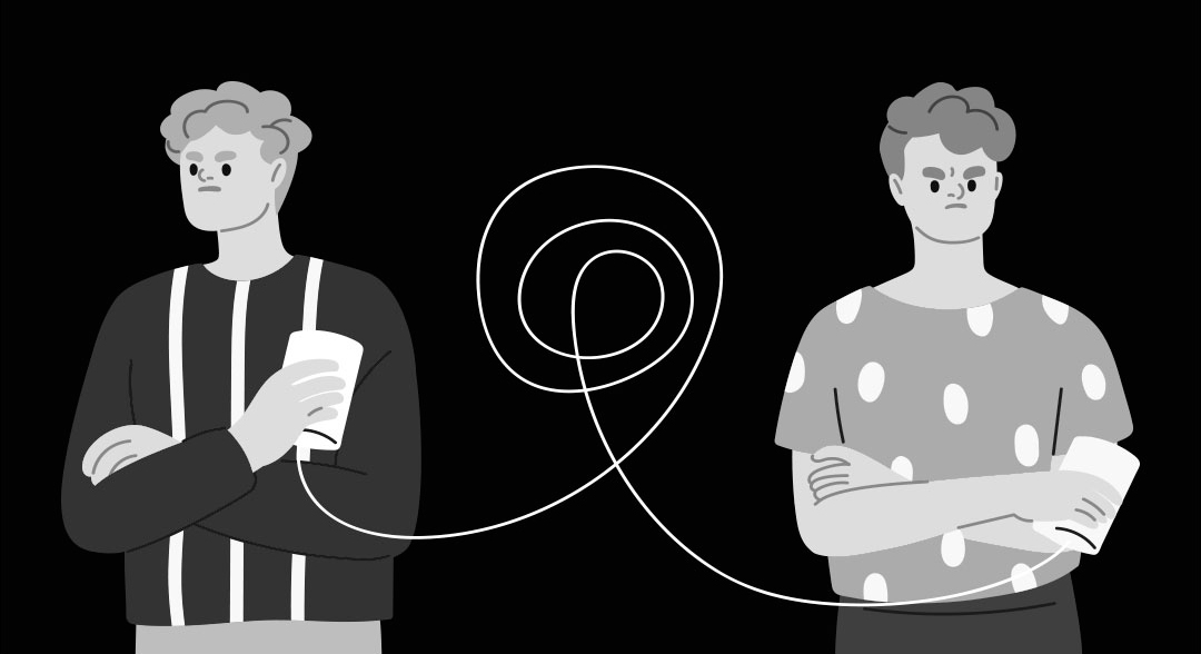 Dos personas conectadas por un hilo en espiral, representando las dos versiones de un conflicto